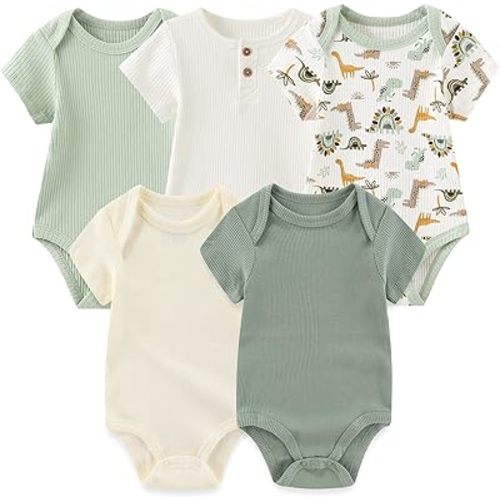 MAMIMAKA Newborn Baby Short Sleeve Bodysuit Cotton One-Piece Baby Clothes 5-Pack, 0-12 Months