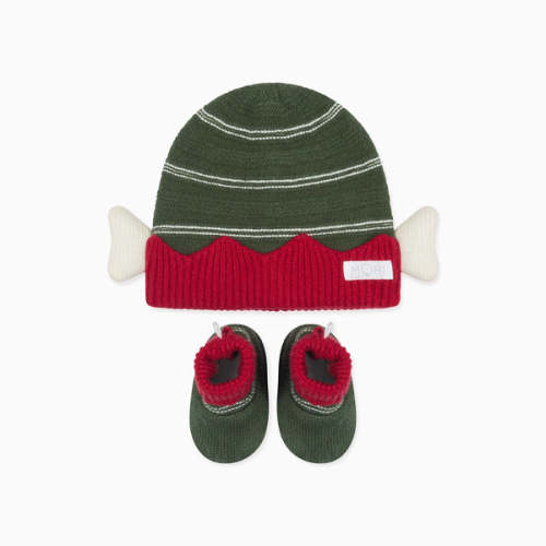 Knitted Elf Beanie & Booties Green & Red / 0 - 6 M