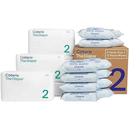 Coterie Baby Diapers + Wipes Baby Kit, Size 2 (186 Count) + 12 Wipe Packs (672 Wipes) Made with Plant-Based Fibers, Hypoallergenic, Designed for Sensitive Skin, Clean Ingredients