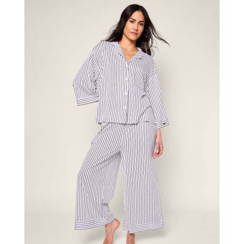 The Olivia Wide Leg Pima Pajama Set in Navy French Ticking