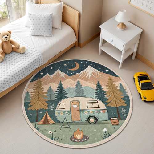 Mountain Camping Round Kids Rug - Adventure Payroom Carpet for Nursery, Toddler Room & Boys Girls Bedroom - Boho Camper Van Circle Matl