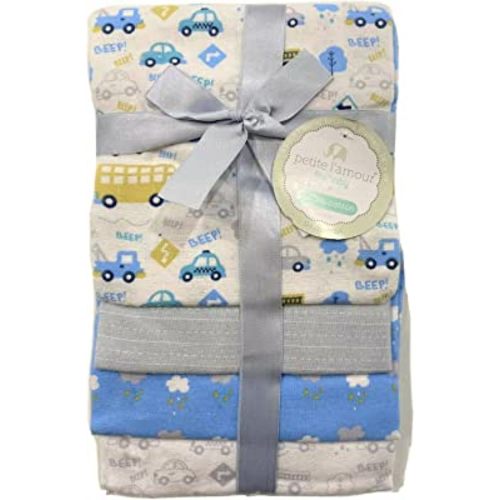 Petite L'amour - 4 Pack Flannel Receiving Blankets - Boys - Cars Trucks Beep, Blue, 28 x 28 inch