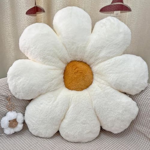 22In Daisy Flower Pillow & Flower Keychain Set, Cute Flower Shaped Floor Pillows Cushions Preppy Decorative Throw Pillows for Girls Room Bed Decor Aesthetic (22 Inch, White)
