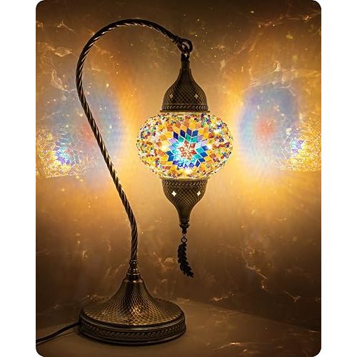 Yarra-Decor Turkish Moroccan Mosaic Table Lamp with Bronze Base - 3 Color Options Handmade Swan Neck Tiffany Mosaic Glass Bedside Lamps for Bedroom, 19" Color1(LED Bulb Included)