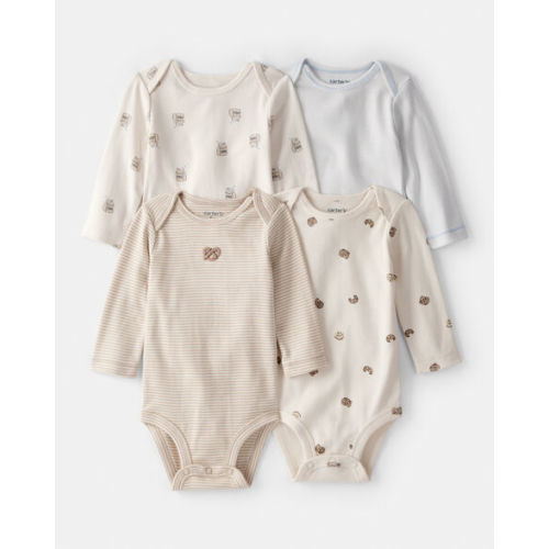 Baby 4-Pack Snack Time Long-Sleeve Multipack Bodysuits - Blue/White/Brown | Carter's