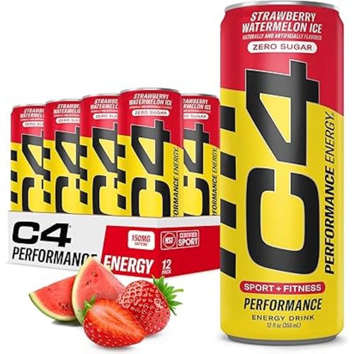 Cellucor C4 Performance Energy Drink | Zero Sugar Carbonated Preworkout Energy | 150mg Caffeine with Beta Alanine | Strawberry Watermelon Ice | 12 Fl Oz (12 Pack)