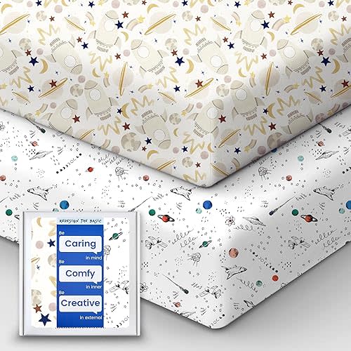 Pack and Play Sheets Fitted, Ultra Soft Mini Crib Sheets Boy, Neutral Pack N Play Mattress Sheets Hypoallergenic and Soothing, Premium Jersey Playard Sheets, Galaxy Space, 2 Pack