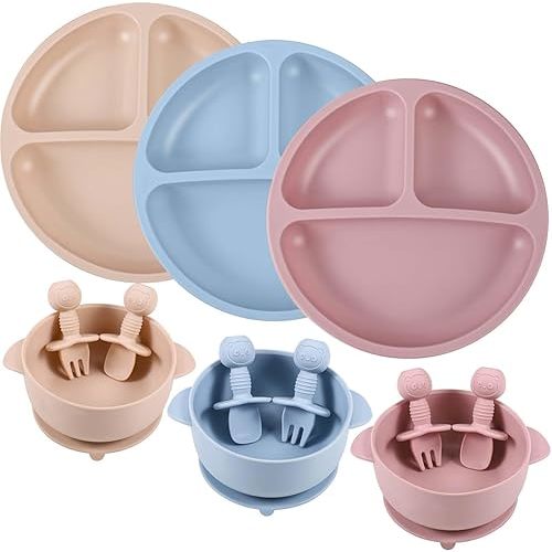 Pimoys 12 Pack Silicone Baby Feeding Set Toddler Suction Plates Baby Bowls with Suction Baby Led Weaning Supplies Self Feeding Utensils with Spoons Forks, Microwave & Dishwasher Safe