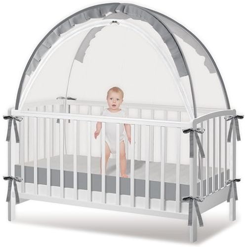 Crib Tent - Crib Net to Keep Baby in, Stop Baby from Climbing Out of Crib, Pop Up Baby Crib Tent with Double Zip Strong Rods and Breathable Net Clear Visibility Easy to Install (Grey, Large)