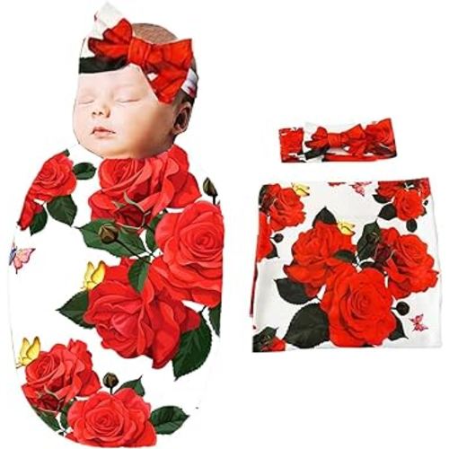 Newborn Receiving Blanket Headband Set - Unisex Soft Swaddle Set Girl Boy Shower Gifts (PWB04-Swaddle+Bow Headband)