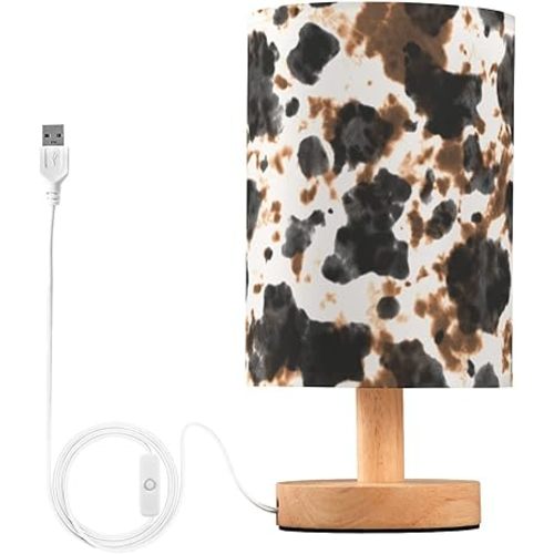 Bedside Table Lamp Cow Tie Dye Print Nightstand Lamp with Wood White Black Brown Animal Skin Desk Lamps for Bedroom Living Room Nursery Office Home Decor