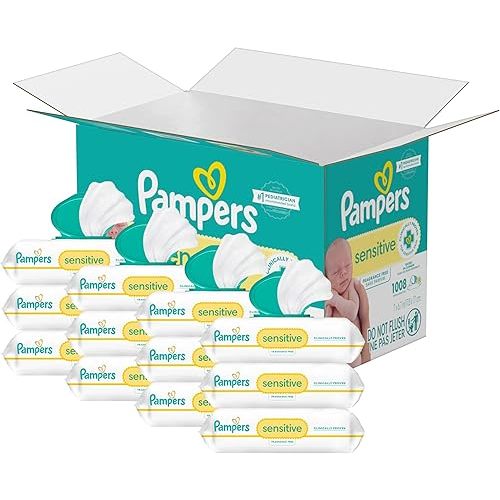 Pampers Sensitive Baby Wipes, Water Based, Hypoallergenic and Unscented, 8 Flip-Top Packs, 4 Refill Packs (1008 Wipes Total)