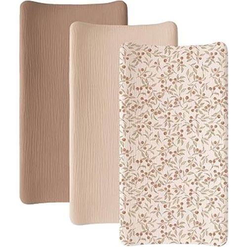 Niceye Muslin Changing Pad Cover 100% Cotton 3-Pack, Soft Breathable & Absorbent, Washable Changing Table Cover for Baby Girls & Boys (Dense Red Berries)