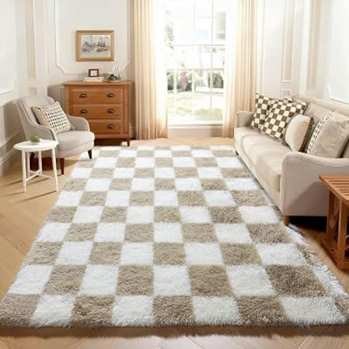 KICMOR 5x7 Beige and Cream White Area Rugs Fluffy Living Room Carpet, Large Fuzzy Checkered Shag Rug for Bedroom Aesthetic, Soft Plush Shaggy Rug for Kids Girls Boys Nursery Room Playroom Home Decor