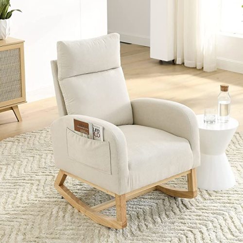 Nursery Rocking Chair with Solid Wood Legs, Glider Chair for Nursery with Two Side Pockets, Rocker Armchair for Living Room Bedroom (Beige, Linen Fabric) - A-beige-linen