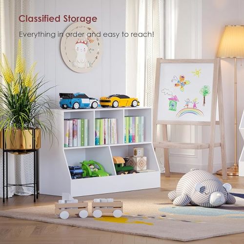 DINZI LVJ Toy Storage Organizer, Kids Bookshelf, Wood Toy Storage Cabinet, 5 Cubby Children Bookcase, Toddler Book Toy Shelf for Playroom, Bedroom, Nursery, Hallway, School, 43.3" Long, White - 2-Tier 43.3"
