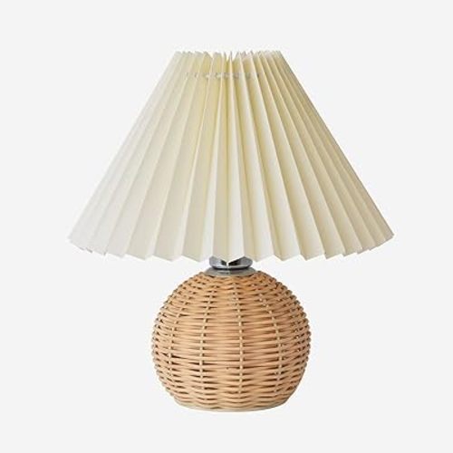 KUNJOULAM Pleated Table Lamp, Modern Bedside Nightstand Lamp with Beige Lampshade Rattan Metal Base, Desk Light for Bedroom Living Room Home Office Decor with E12 Bulb