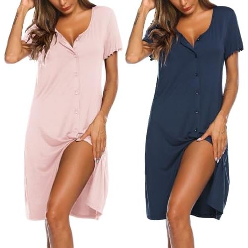 Ekouaer Nightgowns for Women 2 Pack Button Down Night Shirts Short Sleeve Sleep Shirts V Neck Sleepwear Pajama Dress