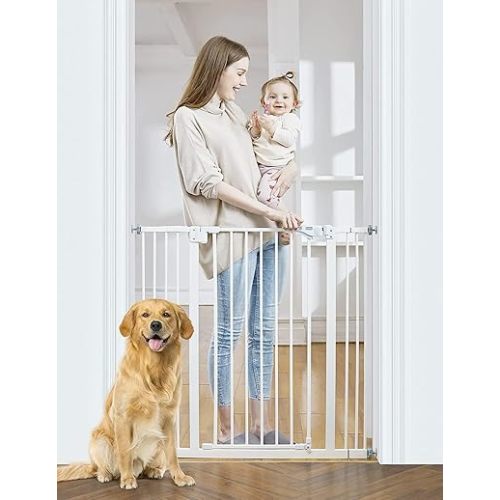 InnoTruth 29-39.6”Baby Gate for Stairs,36" Extra Tall Dog Gate for The House,Dual-Lock Safety and One Hand Opening Design,Kid Gate for Doorways,Kitchen,Room,Wall-Friendly Pressure Mounted, Pure White