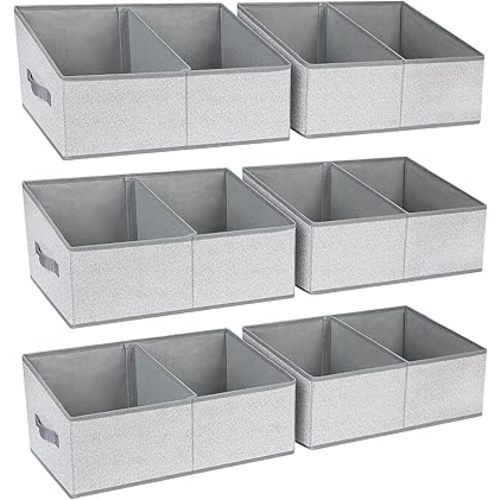 DIMJ Storage Baskets for Shelves 6 Packs - Large Trapezoid Closet Organizer Bins with Handles and Divider, Foldable Clothes Containers Box for Shelf, Towel, Book, Toy, Purse, Grey