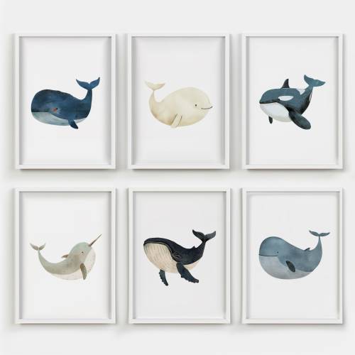 Whale Print Set of 6 | Sea Animals Nursery Prints | Nautical Ocean Animal Posters | Whale Nursery Decor | Beach Decor | Playroom Wall Art