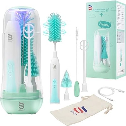 Electric Bottle Brush Cleaner with UV Light, Rechargeable Baby Bottle Brush Set for Travel, Waterproof Baby Bottle Cleaner with 2 Brush Head, Straw Brush, Pouch, Mixing Head and Storage Box