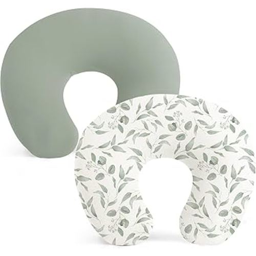 Konssy 2 Pack Nursing Pillow Covers, Stretchy and Soft Nursing Cover for Breastfeeding Pillows, Pillow Slipcover for Baby Girls Boys Newborn (Green, Green Leaves)