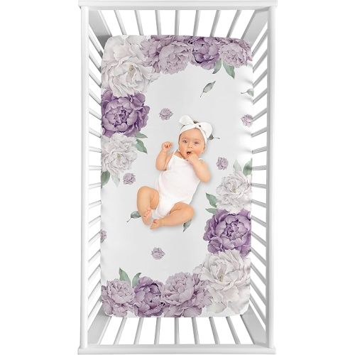 Sweet Jojo Designs Lavender Purple Boho Shabby Chic Floral Girl Baby Fitted Crib Sheet Photo Op Infant Newborn Nursery Toddler Bedroom Standard Mattress Violet Ivory Bohemian Vintage Watercolor Flower