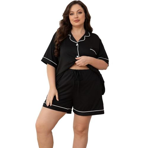 Women Plus Size Pajamas Button Down Short Sleeve Top & Shorts Lounge Sets Outfit Summer Soft Pj Bride Sleepwear