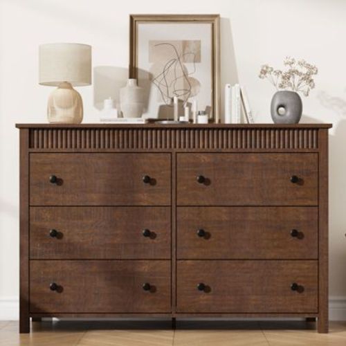 Fluted 6 Dresser, Walnut Chest of Drawers with Fluted Modern & Anti-tip Design, 47in Wide Wooden Organizer Closet for Bedroom Living Room Nursery