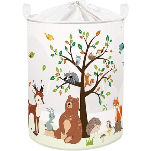 Clastyle 63L Large Woodland Animal Tree Kid Laundry Hamper with Handle for Boy Girl Collapsible Clothes Toy Storage Basket with Lid for Bedroom Bathroom Nursery