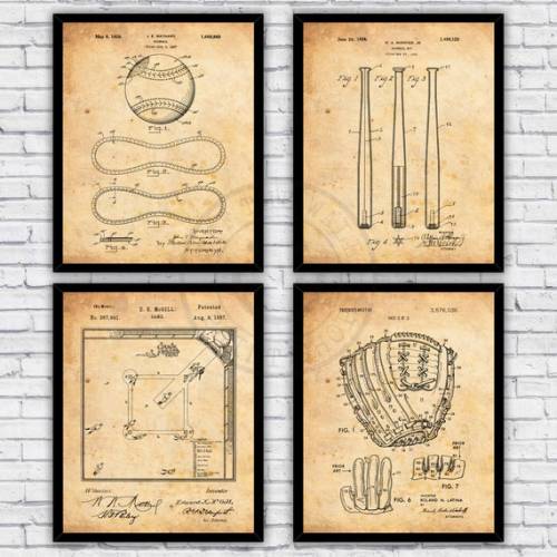 Baseball Ball Bat Glove Field Sports Patents Four Pack Wall Art Prints Decor Size and Frame Options - Etsy
