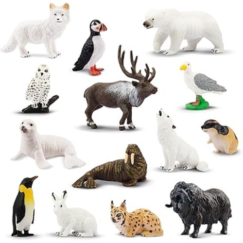 Toymany 14PCS Mini Arctic Animals Figurines Set, Polar Animals Toys with Polar Bear, Caribou, Penguin, Walrus, Wolf Figurines Cake Toppers Birthday Easter Gifts for Preschool Kids