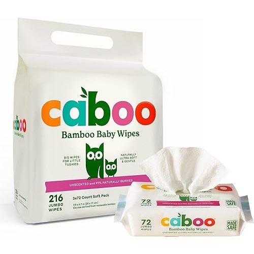Caboo Baby Wipes, 216 Count, Unscented, Eco-Friendly, Made with Bamboo Viscose, Free from Harsh Chemicals, Plant-Based, Sensitive Skin Formula, BRC, FSC, FDA and ISO Accredited
