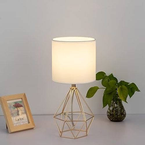COTULIN Gold Modern Hollow Out Base Bedroom Small Table Lamp,Bedside Nightstand Lamp with Geometric Metal Base White Fabric Shade,Cute Desk Lamp for Kids Living Room