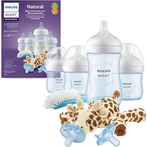 Philips Avent Natural Response Baby Gift Set - 3X 4oz Blue Bottles with Slow Flow Nipples (Flow 2), 1x 9oz Blue Bottle with Medium Flow Nipple (Flow 3), 2X Soothie Pacifiers 0-3m, SCD838/04