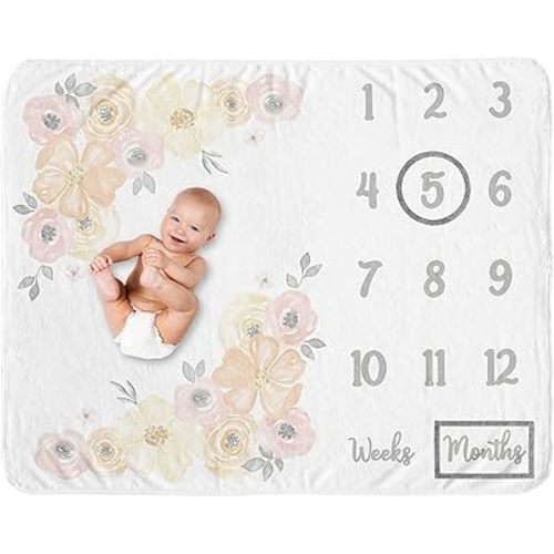 Sweet Jojo Designs Yellow Pink Watercolor Floral Girl Milestone Blanket Monthly Newborn First Year Growth Mat Baby Shower Memory Keepsake Picture - Peach Orange Grey Shabby Chic Rose Flower Farmhouse