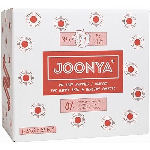 Joonya Baby Diapers, Size 1 XS (4-9 lb) - 6 Bags of 32 (192) - **New Range** - NonToxic, Eco-Friendly, Ultra Slim, Overnight Use - Made in Denmark