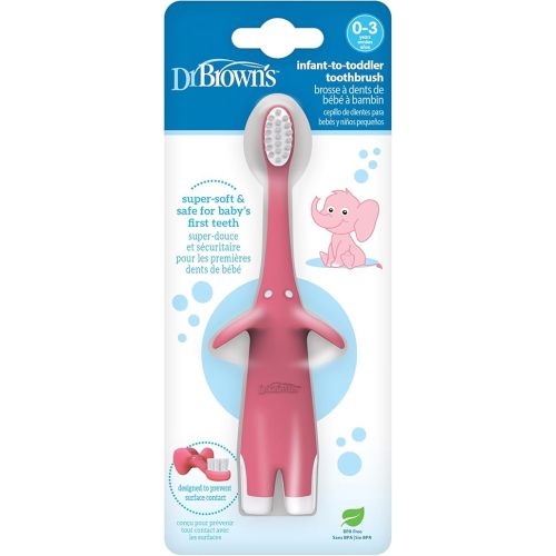 Dr. Brown's Infant-to-Toddler Training Toothbrush, Soft for Baby's First Teeth, Pink Elephant, 0-3 Years (Colors/Styles May Vary)