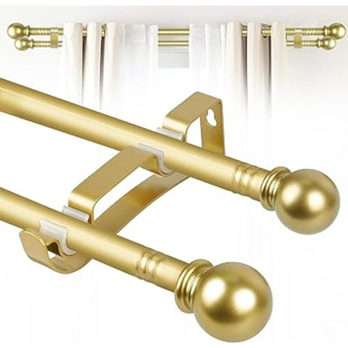 Double Curtain Rods for Windows Set 30 to 60 Inch,Gold Curtains Rod with 2PCS Drapey Pole Brackets,Small Extra Long 5/8" Diameter Blackout Cortineros Para Ventanas for Bedroom,Living Room