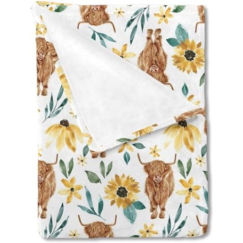 HawSkgFub Highland Cow Sunflower Baby Blanket Girls Shower Gift, Western Cowgirl Flower Floral Flannel Fleece Nursery Bed Receiving Swaddle, Soft Newborn Toddler Infant Kid Crib Bedding 30 x 40