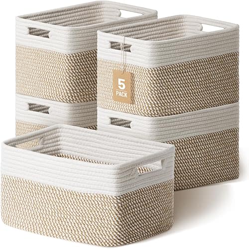 5 Pack Woven Storage Baskets for Shelves, Decorative Basket Organizer Storage Bins for Toys, Books, Clothes, Closet, Nursery, Bathroom – Cotton Rope Shelf Baskets for Organizing, Khaki & White