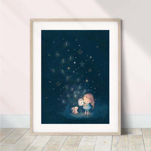 Firefly Bunny Art Print | Whimsical Nighttime Nursery Illustration