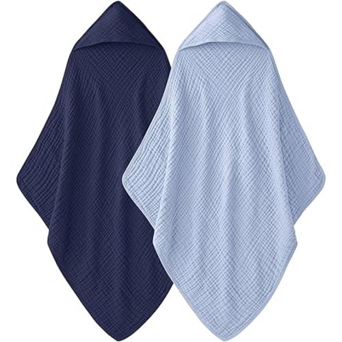 Hooded Baby Towels for Newborn - 2 Pack, 100% Muslin Cotton, Baby Bath Towels with Hood, Soft and Absorbent for Boys, Girls Infant, Toddler and Kids, Large 32x32 Inches, Newborn Essential