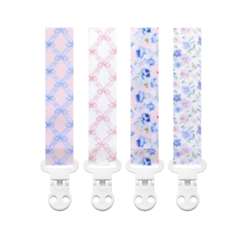Stadela Baby Pacifier Clip Holder - Girl 4 Pack Gift Set – Vintage Floral French Granmillenial Ribbons Bows and Flowers in Pink and Blue