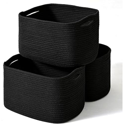 Black Storage Baskets for Organizing Shelves, Toy Basket for Nursery, Woven Cotton Rope Basket for Decor, Towel Baskets for Bathroom, 15"x11"x9.5", 3 Packs, Black