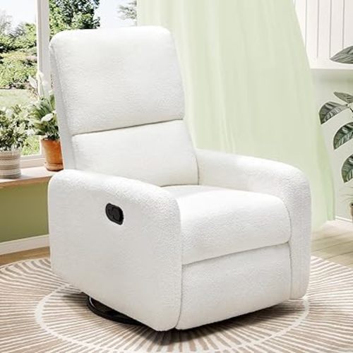 Jocisland Swivel Rocking Chair, Nursery Glider Recliner Chairs for Adults, Rocker for Living Room Bedroom, Comfy Upholstered Modern Nursing Reclining Single Sofa, Off-White Teddy