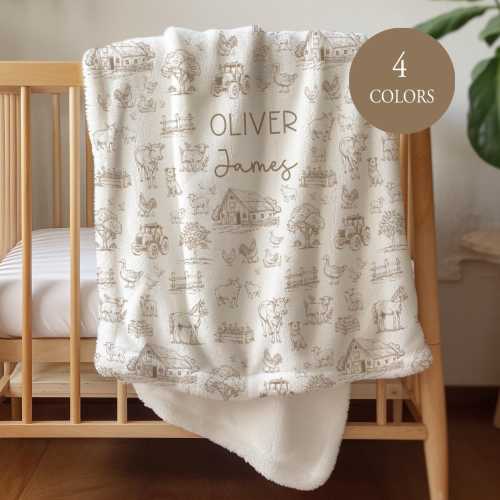 Farm Blanket Personalized Farm Crib Bedding French Toile Nursery Decor Farmhouse Blanket With Name Brown Farm Animal Blanket Pink Blue B36