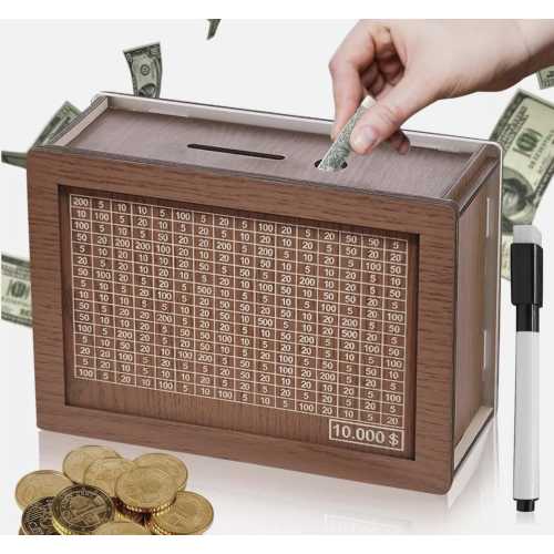 10,000 Cash Vault Wooden Savings Box – Premium Piggy Bank for Savings Challenge, Teach Kids to Save with Durable Coin Bank for Budget Goals