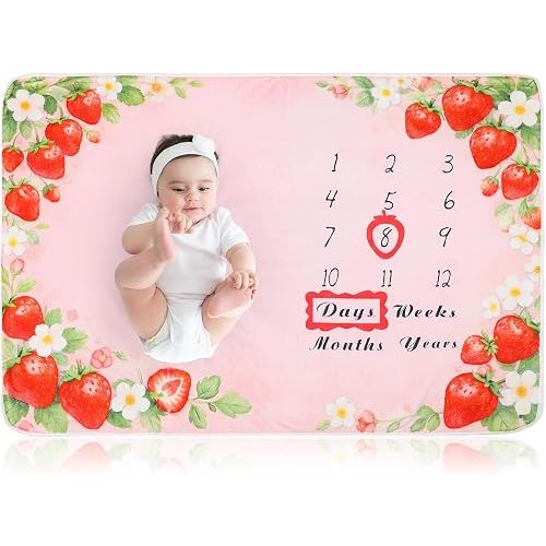 Chumia Baby Monthly Milestone Blanket for Girl 59" x 39" Pink Strawberry Photo Prop Blankets Baby Age Milestone Blanket with 2 Felt Floral Wreath Frame